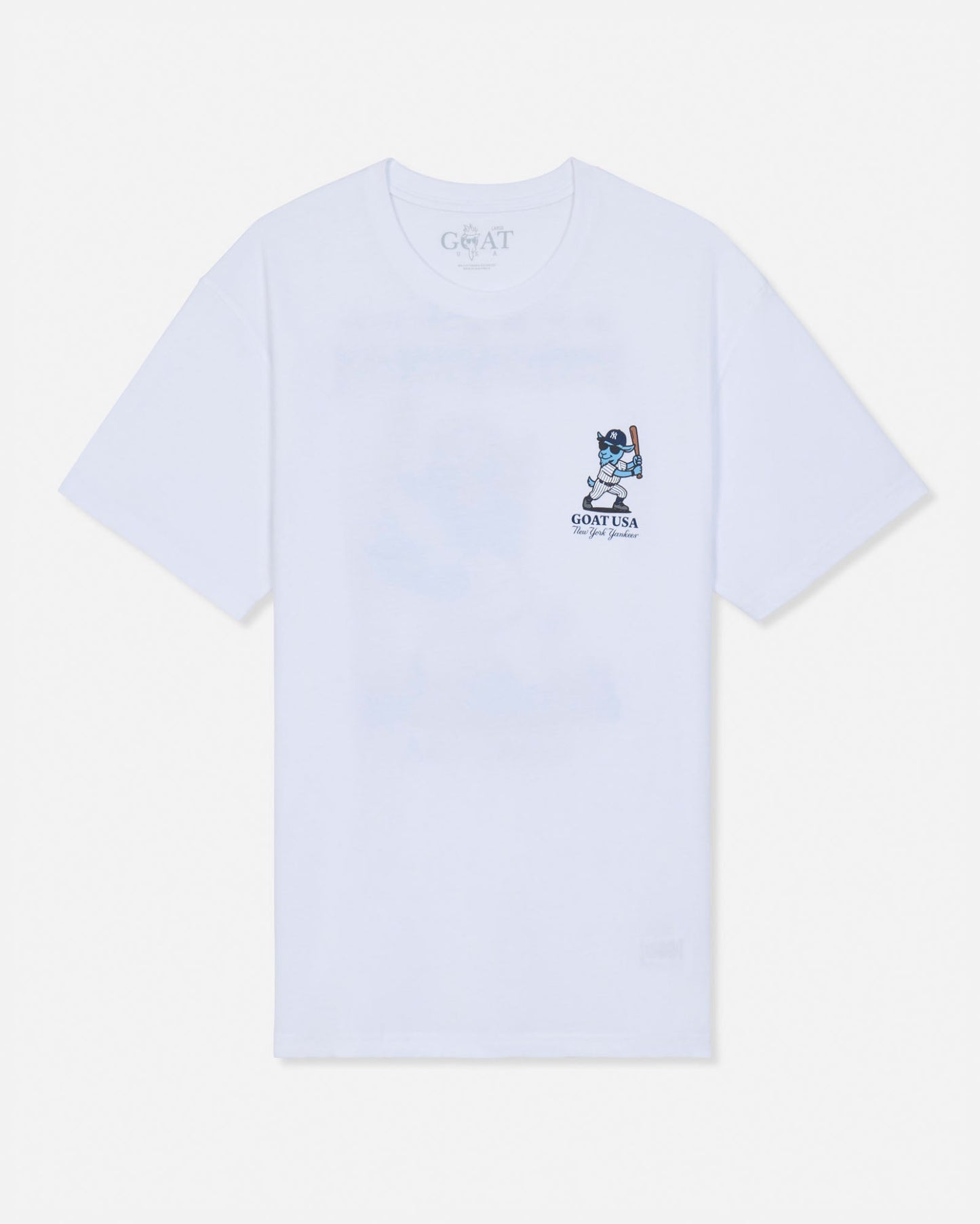 A white short-sleeve t-shirt with a small graphic on the left chest featuring a blue and white cartoon character and the text 'GOAT USA NEW YORK YANKEES'. The brand name 'GOAT USA' is visible printed inside the collar.#color_white