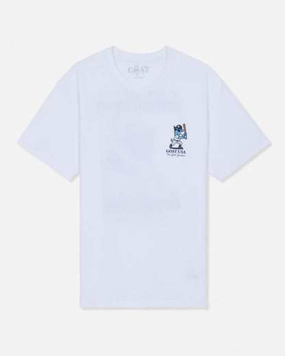 A white short-sleeve t-shirt with a small graphic on the left chest featuring a blue and white cartoon character and the text 'GOAT USA NEW YORK YANKEES'. The brand name 'GOAT USA' is visible printed inside the collar.#color_white