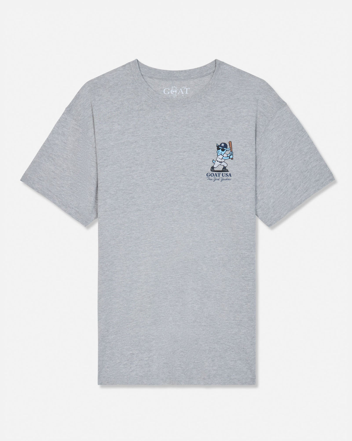 A light gray heather short-sleeve t-shirt with a small Goats Head graphic on the left chest and 'GOATS HEAD' printed inside the collar, shown against a plain white background.#color_gray