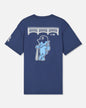 A navy blue short-sleeve t-shirt shown from the back, featuring a large graphic of a light blue cartoon goat wearing a New York Yankees cap and holding a bat, with a white bridge graphic above.