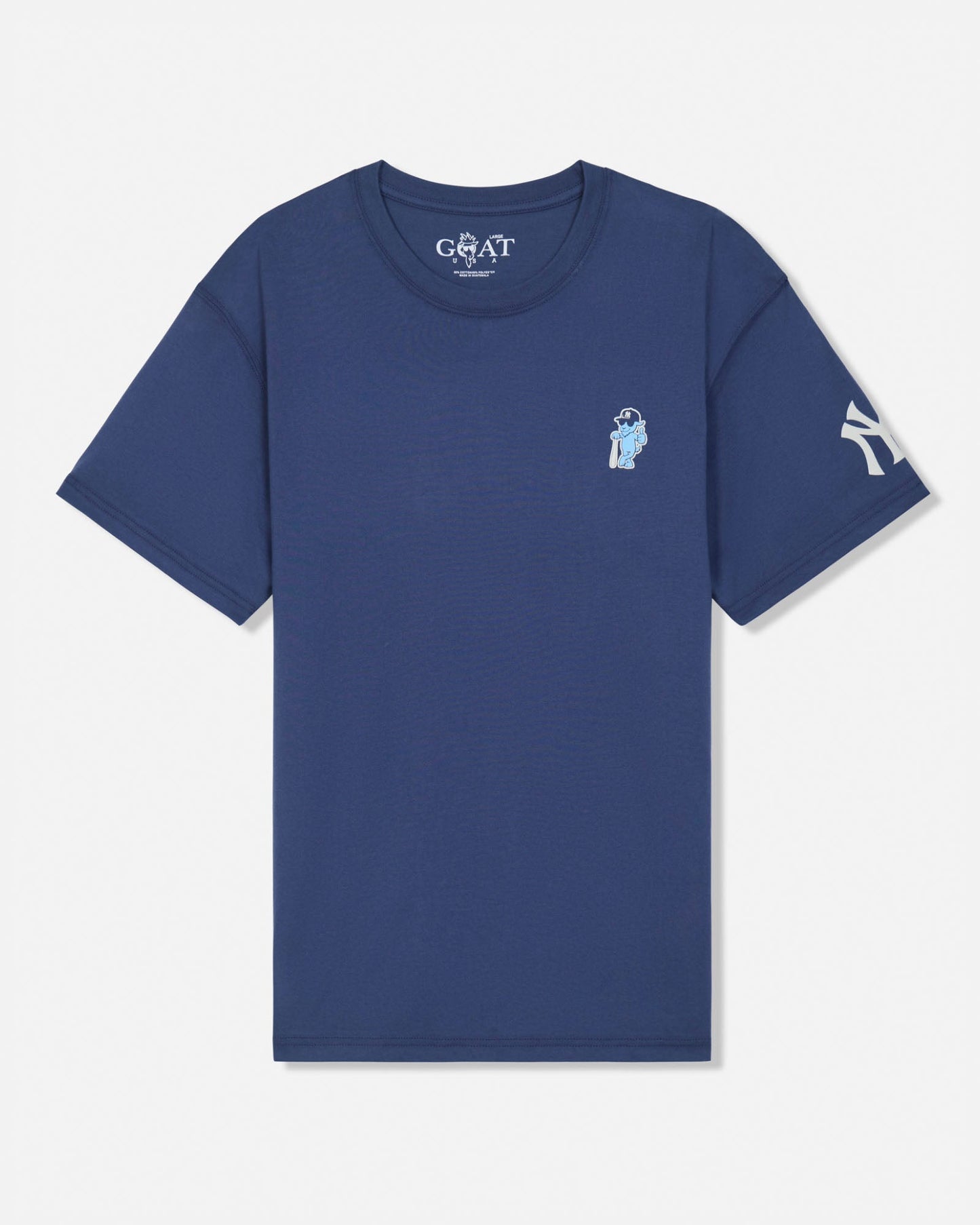 A navy blue short-sleeve t-shirt by Goat USA, featuring a small light blue graphic on the left chest and a white New York Yankees logo on the right sleeve, displayed against a clean off-white background.