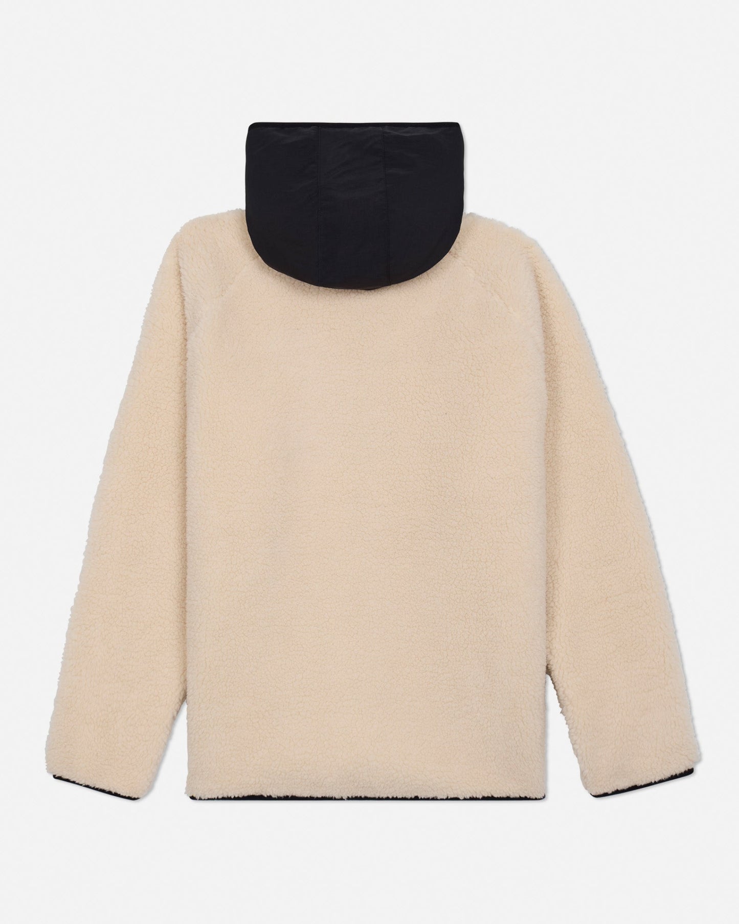 Beige fleece jacket with black hood on a light gray background#color_sandshell