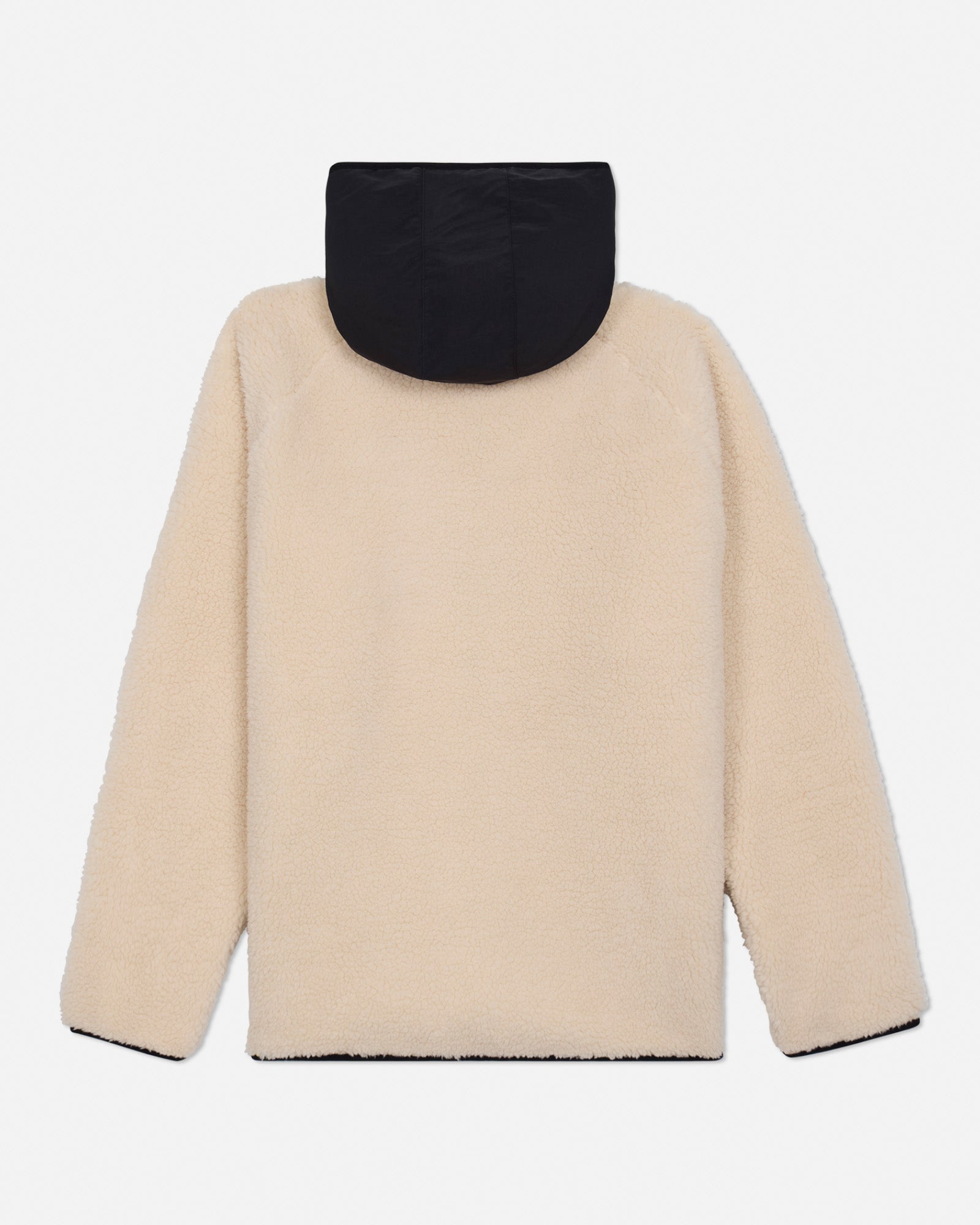 Beige fleece jacket with black hood on a light gray background#color_sandshell