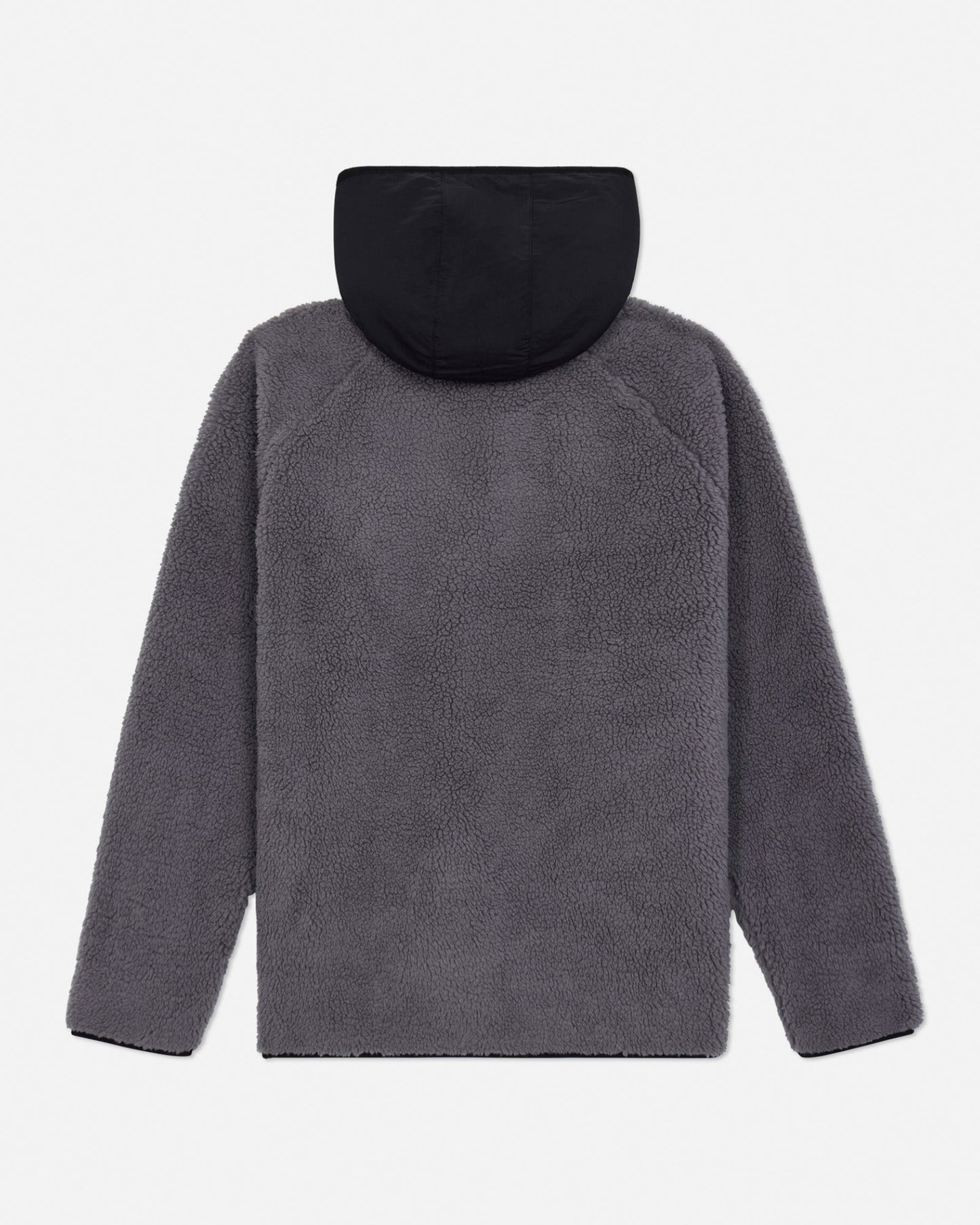 Gray fleece jacket with black hood on a light gray background#color_gray