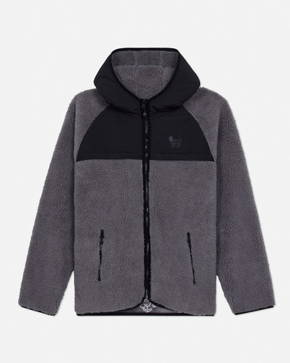 Gray and black fleece jacket with a brand logo on a light gray background#color_gray